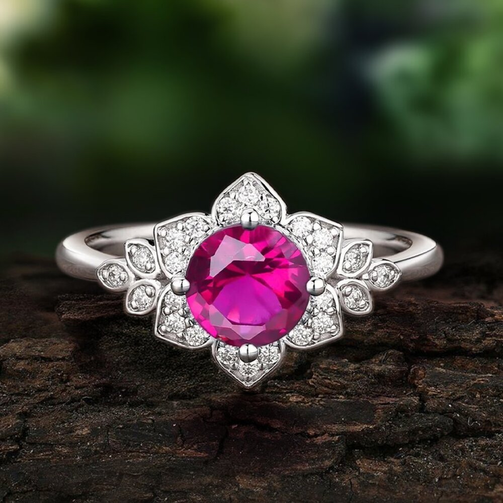 Vintage Style Floral ring - Flamingo Pink Ruby, Art Deco Flower Ring